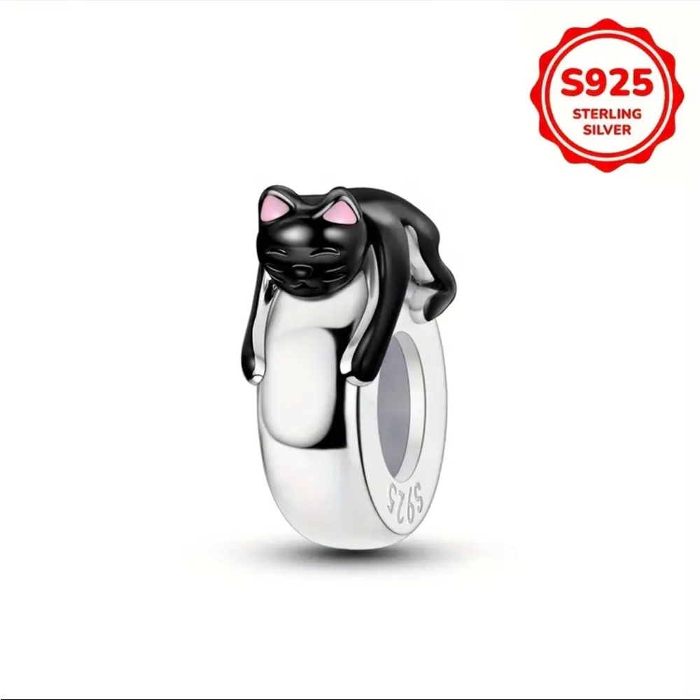925 Black Cat Spacer Charm For Charm Bracelets-NEW